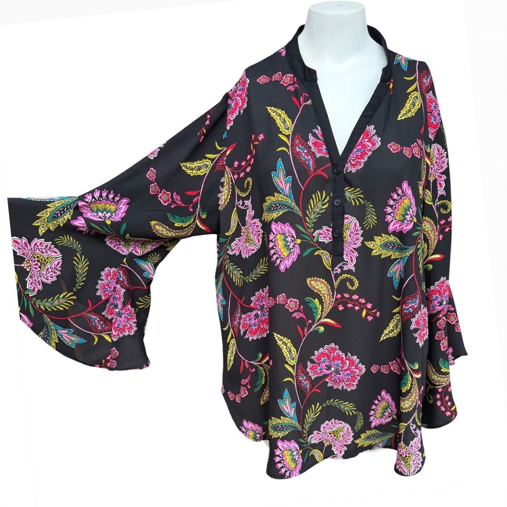 Spense Woman‎ 1X Black Floral Paisley Bell Sleeve Blouse Boho Career Whimsgoth